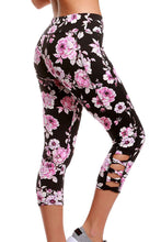 Black Pink Floral Print Crisscross Detail Leggings
